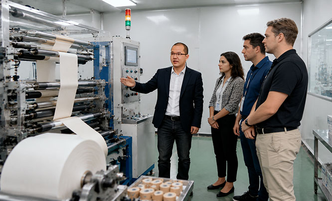 International clients visiting Onlywell sports tape manufacturing facility in China