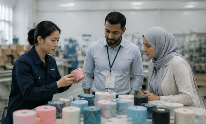International Clients Inspecting Kinesiology Tape Samples In Production Workshop