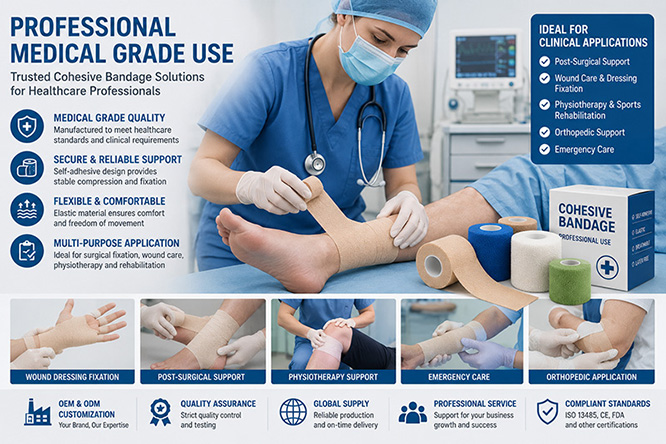 Medical grade cohesive bandage for hospital clinical use and professional healthcare support