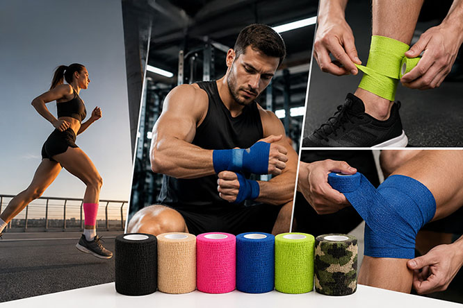 athlete using cohesive bandage for wrist support sports training injury prevention wrap
