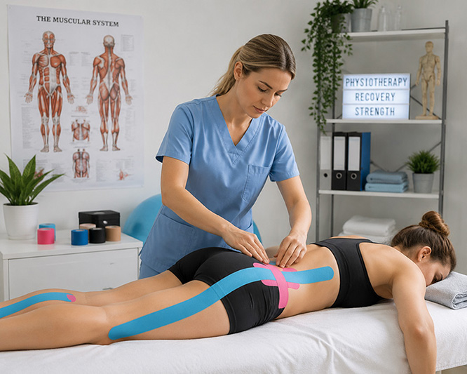 Physiotherapist applying kinesiology tape to a patient’s lower back during rehabilitation treatment in a clinic setting