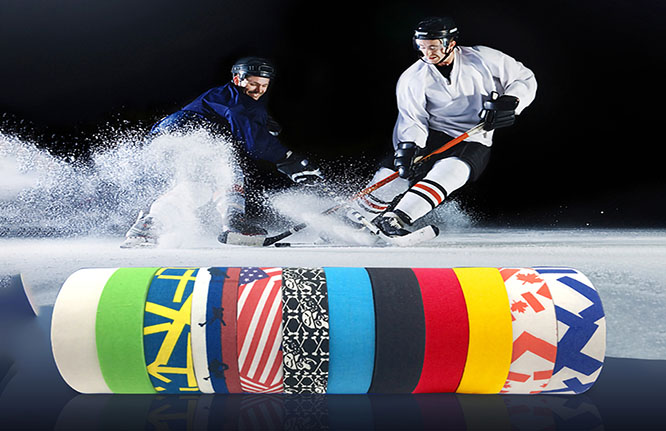 Ice hockey players in action with colorful kinesiology tape rolls shown in the foreground