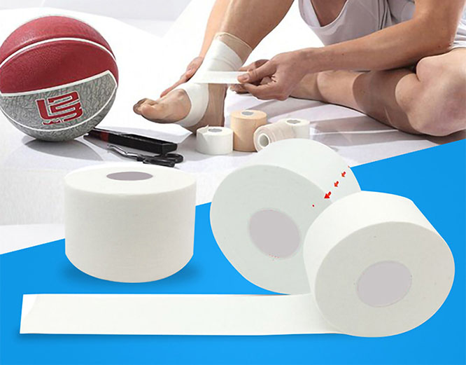 Athletic sports tape rolls used for ankle support and injury prevention during basketball and sports rehabilitation