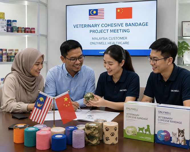 A professional Onlywell meeting scene with a Malaysia veterinary customer discussing cohesive bandages.