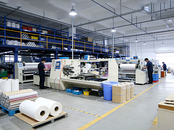 Assembly line workers producing kinesiology tape in clean factory workshop 