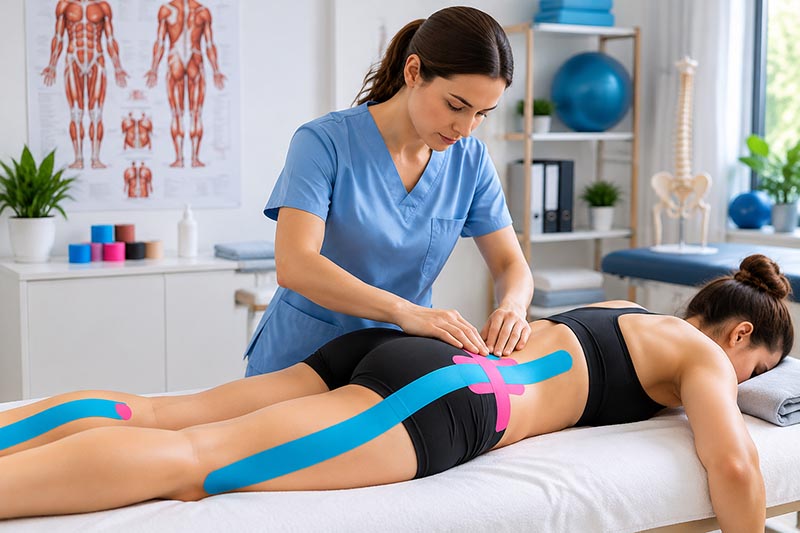 therapeutic tape applied to the lower back and leg during a physiotherapy session