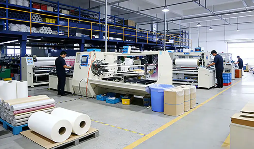 Assembly line workers producing kinesiology tape in clean factory workshop